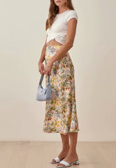 High Rise Floral Painted Printed Midi Slip Skirt