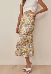 High Rise Floral Painted Printed Midi Slip Skirt