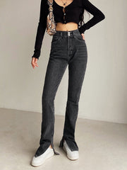 Schmale Jeans mit hohem Bund und asymmetrischem Schlitz am Saum