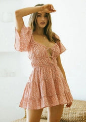 Drawstring Tying Ruffled Short Sleeve Mini Dress