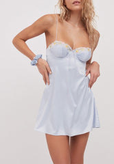 Pleated Underwire Floral Baby Blue Open Back Slip Dress