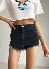 High Rise Distressed Raw Hem Denim Shorts