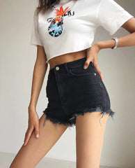 High Rise Distressed Raw Hem Denim Shorts