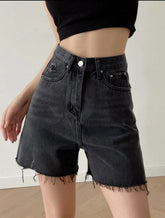 Shorts de mezclilla de tiro alto, holgados, con dobladillo sin rematar