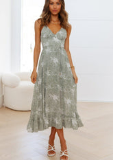 V Neck Floral Print Midi Dress