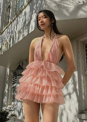 Plunge Neckline Halter Open Back Ruffled Mini Dress