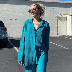 Conjunto de pantalón y camisa con botones de manga larga extragrande Pliss