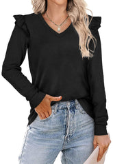 V Neck Ruffle Shoulder Sweater