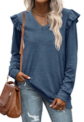 Suéter con cuello en V y hombros con volantes