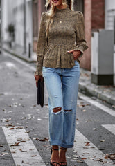 Bedruckte Bluse mit gerafftem Halsausschnitt und Schößchen