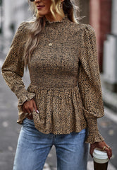 Bedruckte Bluse mit gerafftem Halsausschnitt und Schößchen