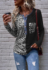 Two Tone Leopard Henley Top