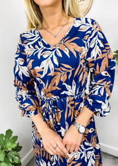 Tropical Leaf Print V Neck Dress