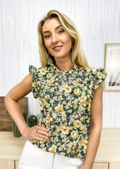 Tropical Floral Ruffle Shoulder Blouse