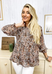 Printed Ruffle Hem Flowy Blouse