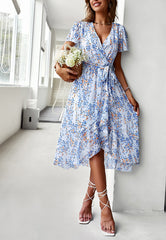 Floral Print Flutter Sleeve Wrap Dress