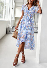Floral Print Flutter Sleeve Wrap Dress