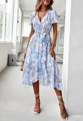 Floral Print Flutter Sleeve Wrap Dress