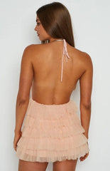 Plunge Neckline Halter Open Back Ruffled Mini Dress