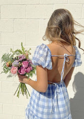 Gingham Puff Sleeve Open Back Mini Dress