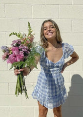 Gingham Puff Sleeve Open Back Mini Dress