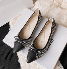 Houndstooth Pointed Toe Flats with Bow