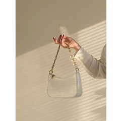 Croc Embossed Shoulder Bag with Pearls & Gold Chain