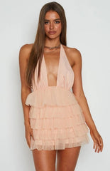 Plunge Neckline Halter Open Back Ruffled Mini Dress