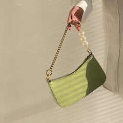 Croc Embossed Shoulder Bag with Pearls & Gold Chain