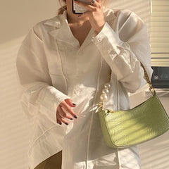 Croc Embossed Shoulder Bag with Pearls & Gold Chain