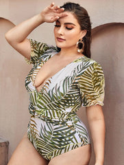 Traje de baño de una pieza con mangas cortas y escote pronunciado con cinturón