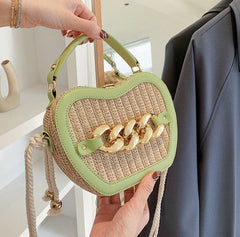 Woven Basket Crossbody Bag with Decorative Gold Links