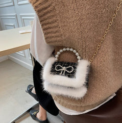 Mini Tweed Crossbody Bag with Fluffy Fur and Pearl Handle