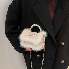 Mini Tweed Crossbody Bag with Fluffy Fur and Pearl Handle