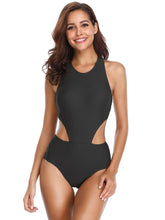 Einteiliger Badeanzug für Damen mit einfarbigen Trägern und überkreuzten Hohlbündchen