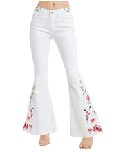 Floral Daisy Embroidered Mid Rise Bell Bottom Flare Frayed Hem Jeans