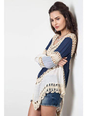 Long Sleeve V Neck Macro Macrame Beach Cover Up