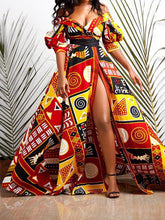 Vestido con abertura alta, espalda descubierta y estampado multicolor