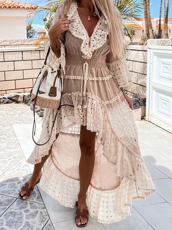 Women's Dresses V-Neck Lace Panel Ruffle Irregular Dress Emes Shop Women's Dresses V-Neck Lace Panel Ruffle Irregular Dress Emes Shop