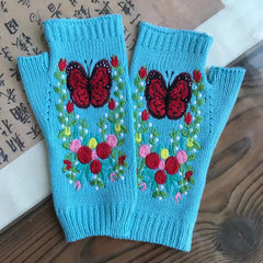 Guantes de punto largos y cálidos con diseño floral de mariposa