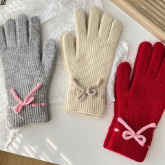 Autumn And Winter Bow Pure Color Warm Keeping Finger Gloves