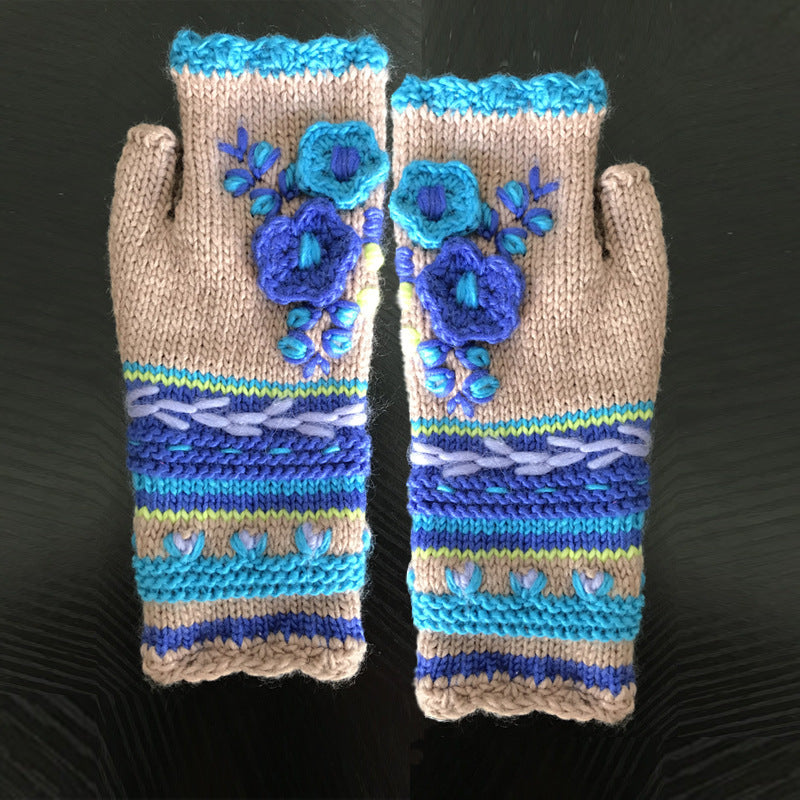 Thick Needle Hand Crocheted Small Flower Adult Warm Knitted Gloves