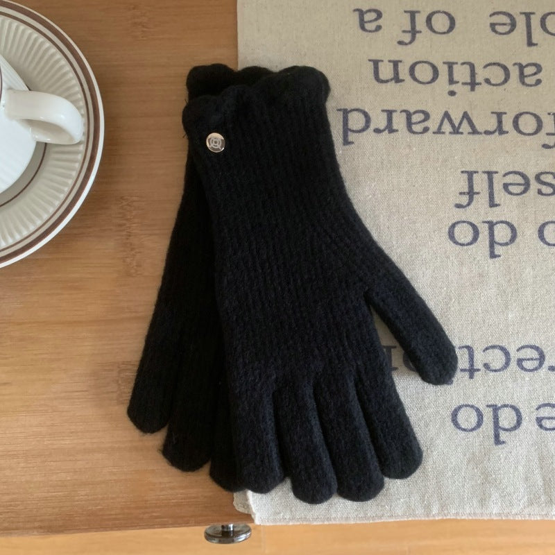 Guantes cálidos de lana con volantes de color liso para mujer en invierno