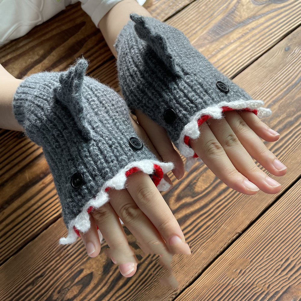 Cartoon Grey Shark Warm Half Finger Knitted Gloves