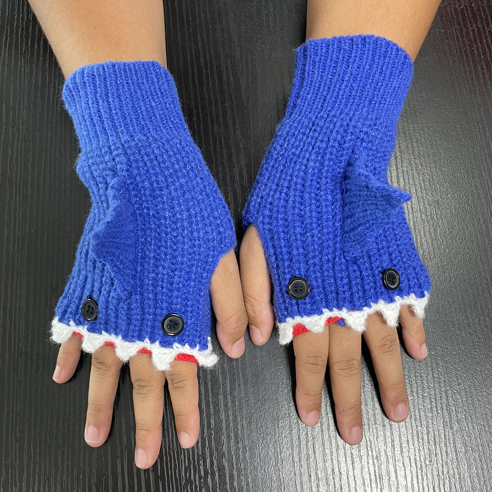 Cartoon Grey Shark Warm Half Finger Knitted Gloves