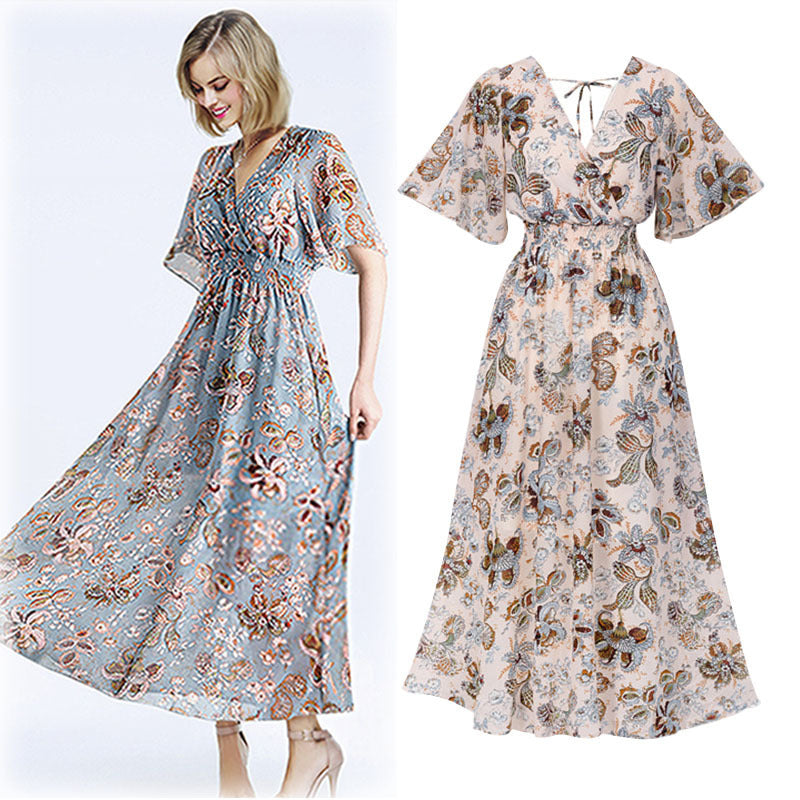 Elegant Vintage Floral Print Chiffon Maxi Dress