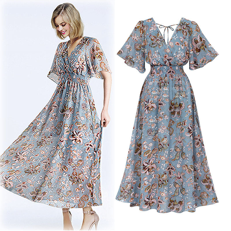 Elegant Vintage Floral Print Chiffon Maxi Dress