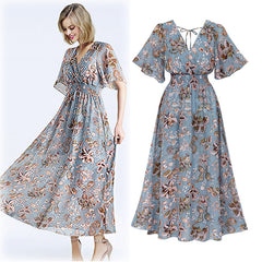 Elegant Vintage Floral Print Chiffon Maxi Dress