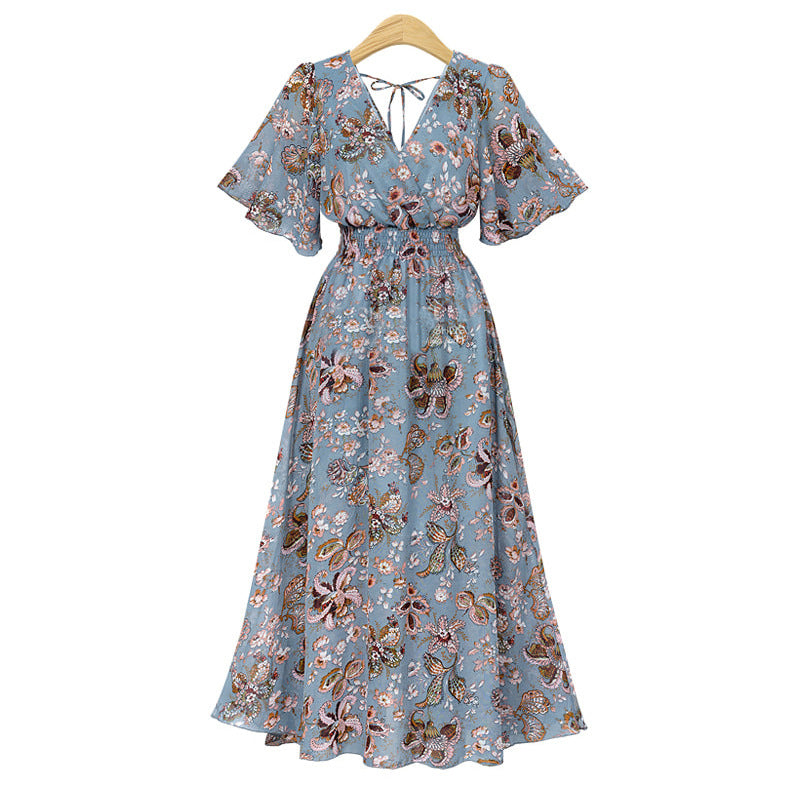Elegant Vintage Floral Print Chiffon Maxi Dress