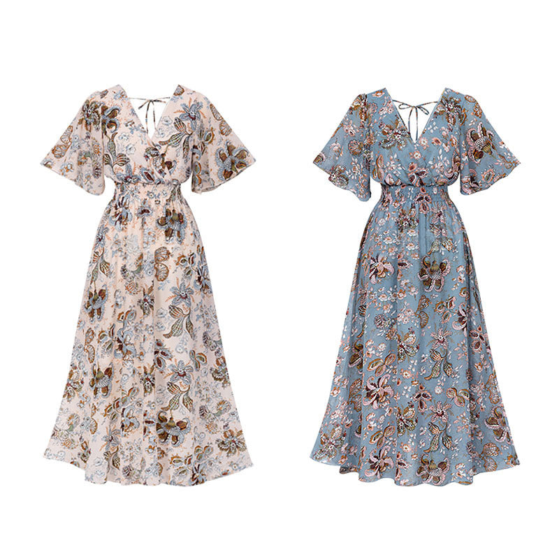 Elegant Vintage Floral Print Chiffon Maxi Dress